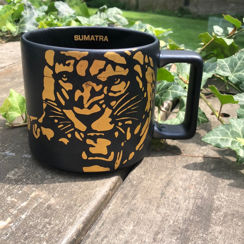 2016 Starbucks Coffee Company Ceramic Mug Black with Gold Sumatra Tiger 14 FL OZ